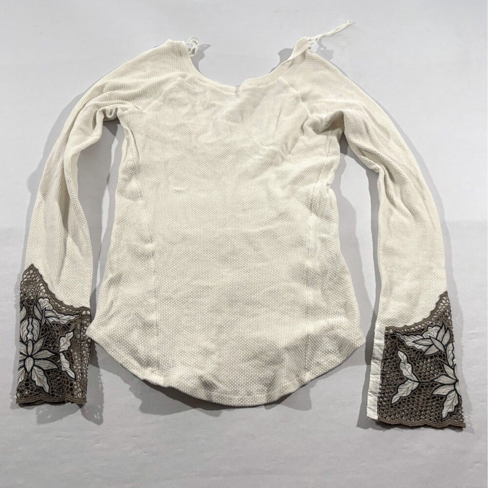 Free People Ivory Long Sleeve Top with Brown Lace Cuffs